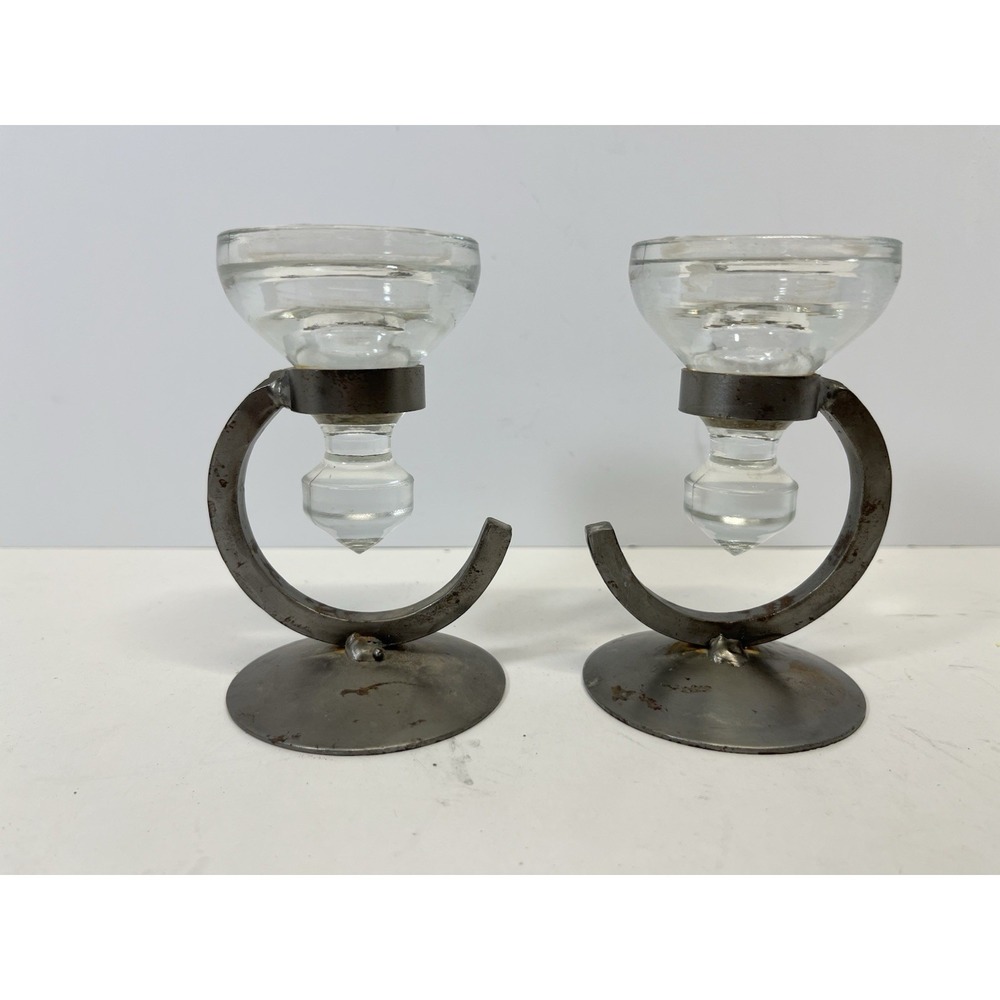 Set Of 2 Swedish Minimalist Candle Holder Iron & Glass 1960s Oland Boda